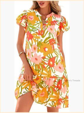Womens Summer Dress - Puffy Sleeve V Neck Floral Print A Line Boho Babydoll
